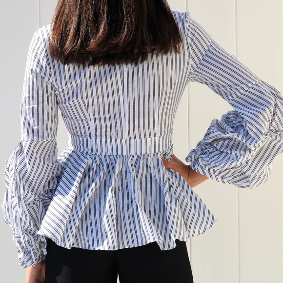 RUFFLE SLEEVE PINSTRIPE BLOUSE - Picture 5 of 8